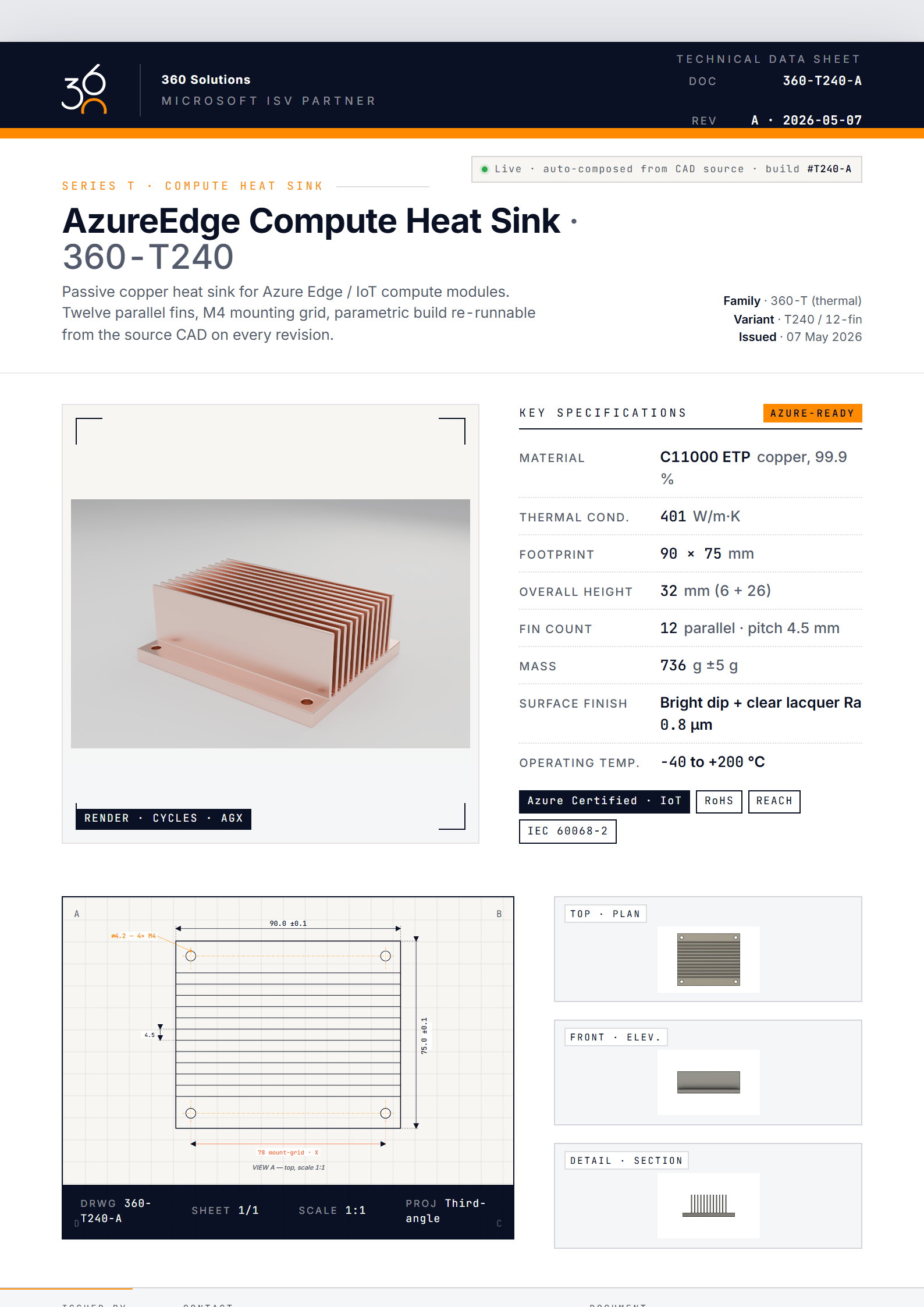 Generated A4 spec sheet for the 360-T240 heat sink — hero render top-half, dimensioned drawing and parameter table bottom-half.